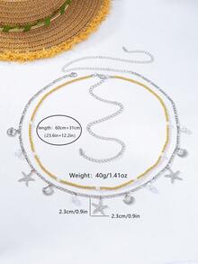 2 piezas Cadena para la cintura con cuentas de estilo bohemio con conchas y estrellas de mar de la serie oceánica para mujeres - Plateado - Ver 5