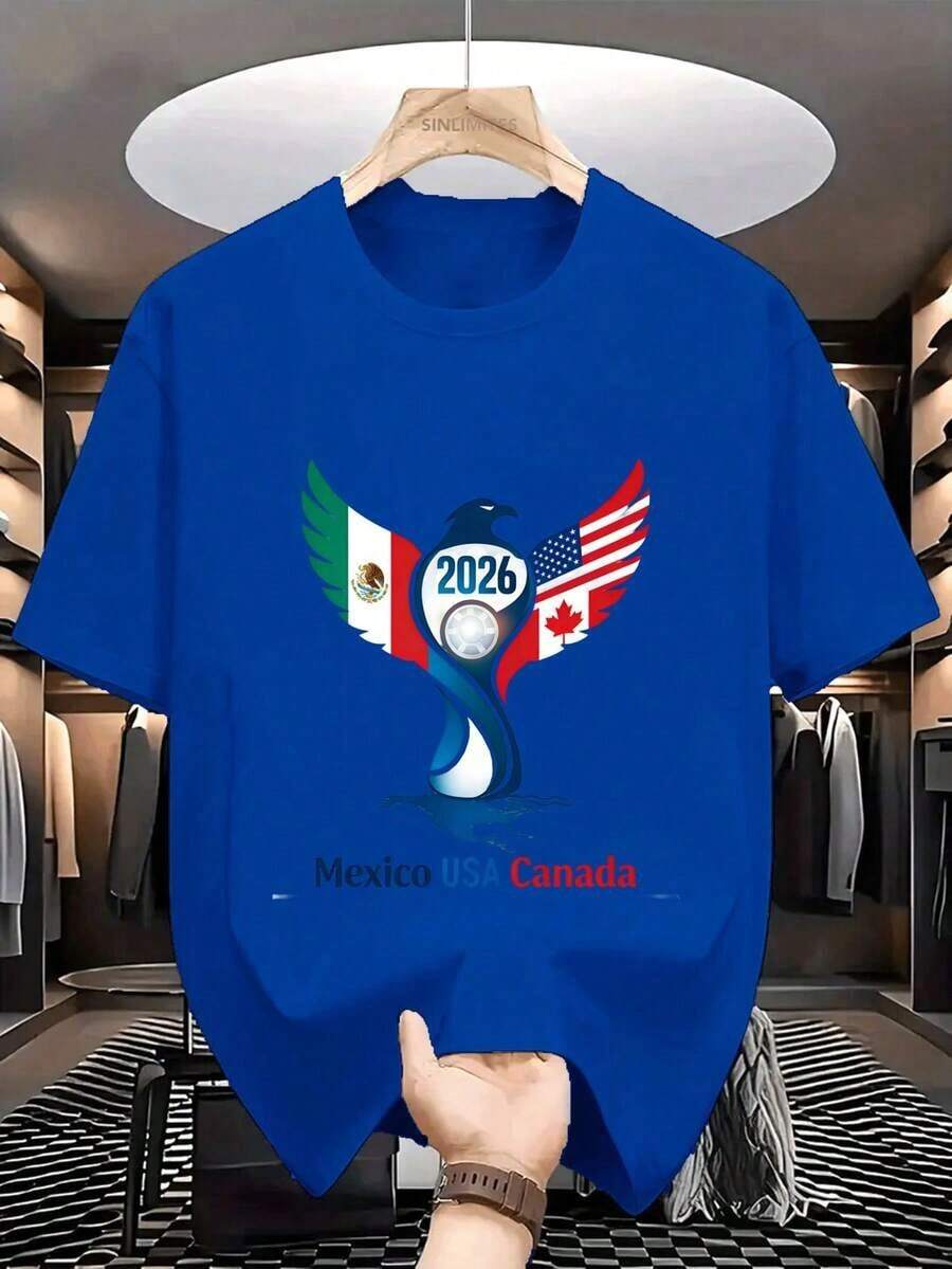 Women's Short-Sleeved, Crew-Neck T-Shirt With A Loose-Fitting Print Featuring An Eagle And The 2026 World Cup Ball, Inspired By The Flags. A Casual, Sporty Top, Perfect As A Basic Blouse For Everyday Outfits. A Versatile Garment In The Women's Clothing And Women's Activewear Categories. Suitable For Spring, Summer, And Autumn. - 藍色 - 查看 1