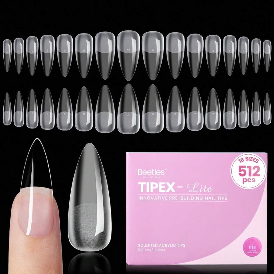 Beetles 512Pcs 16 Sizes Tipex Lite Apex Nail Tips, Medium Stiletto, Pre-Building Pre-Etched Acrylic Tips For Flat And Natural Nail Beds - Tipex Lite-Stiletto Medium 512pcs - 查看 1