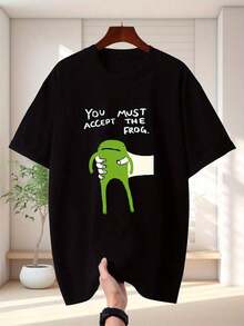 Men's 100% Cotton Printed T-Shirt - Pattern You Must Accept The Frog Black Casual Short Sleeve Summer Top Regular Fit Machine Wash Ribbed Collar Fun Cartoon Design Frog Theme Weekend Outfit Comfortable And  Streetwear Printed T-Shirt I9FD - Black - View 1