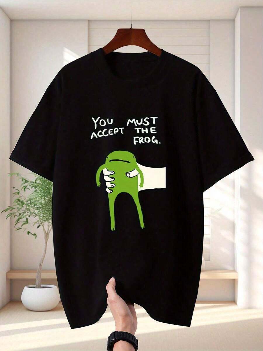 Men's 100% Cotton Printed T-Shirt - Pattern You Must Accept The Frog Black Casual Short Sleeve Summer Top Regular Fit Machine Wash Ribbed Collar Fun Cartoon Design Frog Theme Weekend Outfit Comfortable And Streetwear Printed T-Shirt I9FD - Black - View 1
