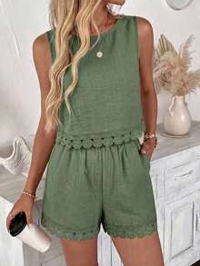 LUNE Conjunto de 2 piezas de blusa sin mangas con parches de encaje y shorts, adecuado para vacaciones de verano, ir al trabajo y uso diario - Verde - Ver 7