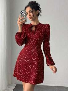 MEXChiquease Vestido de manga larga con cintura ajustada, estampado de lunares y lazo, elegante para mujer, primavera/otoñoMEX DKYJ - Burdeos - Ver 7