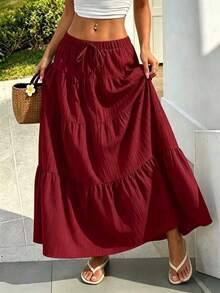 Falda casual de mujer con cintura con cordón y volantes multicapa, suelta y cómoda para primavera/verano - Burdeos - Ver 3