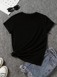 Women's Summer T-Shirt, Casual, Short Sleeve, With Pink Lily Design, Suitable For Casual And Themed Events, Stretch Fabric | Women's Summer Tops | Lightweight Summer Clothing - 黑色 - 查看 2
