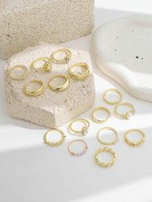 15pcs Vintage Gold Rhinestone Rings, Fashion Versatile Baroque Faux Pearl Crystal Ring Set For Women - Gold - View 3