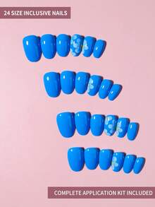 24pcs Oval Blue Nail Stickers With White Floral Pattern, Minimalist Versatile Design, Short Length For Perfect Fit, Includes 1 Nail File And 1 Glue Tube, Suitable For Women's Daily Work, Study And Parties, Spring/Summer - Multicolor - View 3