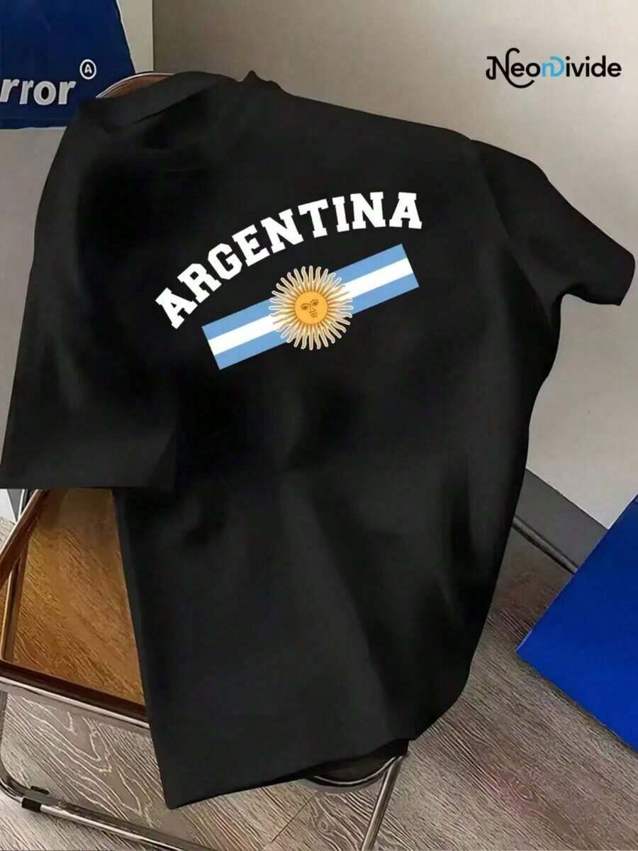 1 Piece Fashion Casual For Men And Women Argentina Graphic T-Shirt For Men | Retro Sporty Style, Soft And Breathable, 100% Fiber, Vibrant Print Design, Round Neck, Short Sleeve Summer T-Shirt, Casual T-Shirt, Versatile, Easy To Match, For Daily Wear, Urban Style, Vacation Wear, Weekend Wear. - 黑色 - 查看 1