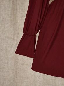 ICON Vestido mini de talla grande de unicolor casual con parches de encaje para mujer, ropa de otoño - Burdeos - Ver 8
