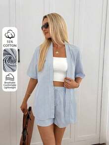 2026 Conjunto de kimono de algodón blanco con arrugas + shorts, conjunto casual de vacaciones para primavera/verano - Multicolor 3 - Ver 2