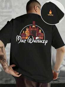 Whiskey Bottle Graphic T-Shirt, Men's T-Shirt With Double-Sided Print, Casual, Crew Neck, 220 G/M², Pure Cotton (1 Piece) - 黑色 - 查看 8