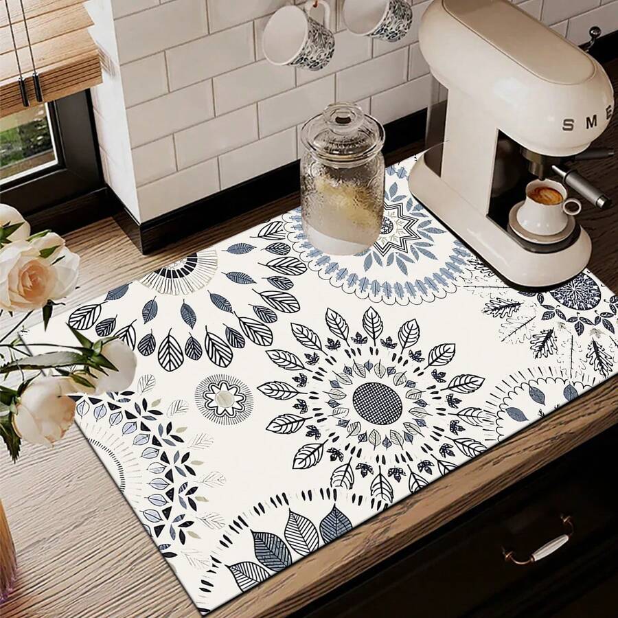 1pc Bohemian Pattern Printed Absorbent Dish Drying Mat, Espresso Machine Countertop Absorbent Mat, Sink Drainage Mat, Soft Faucet Absorbent Mat, Sink Cup Mat, Home & Kitchen, Bathroom Accessories - Multicolor - View 1