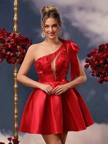 Lovelzi Elegante vestido de gala con lazo asimétrico en el hombro, decoración de satén brillante color champán, malla delantera hueca, acabado de lujo con cuentas a mano y bajo en línea A - Rojo - Ver 4