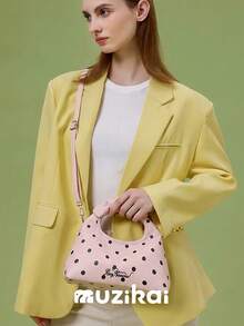 Fashionable Polka Dot Handbag, Women's Multi-Function Shoulder Crossbody Bag, Retro Bow Decor Drawstring Crescent Bag - Multicolor - View 4