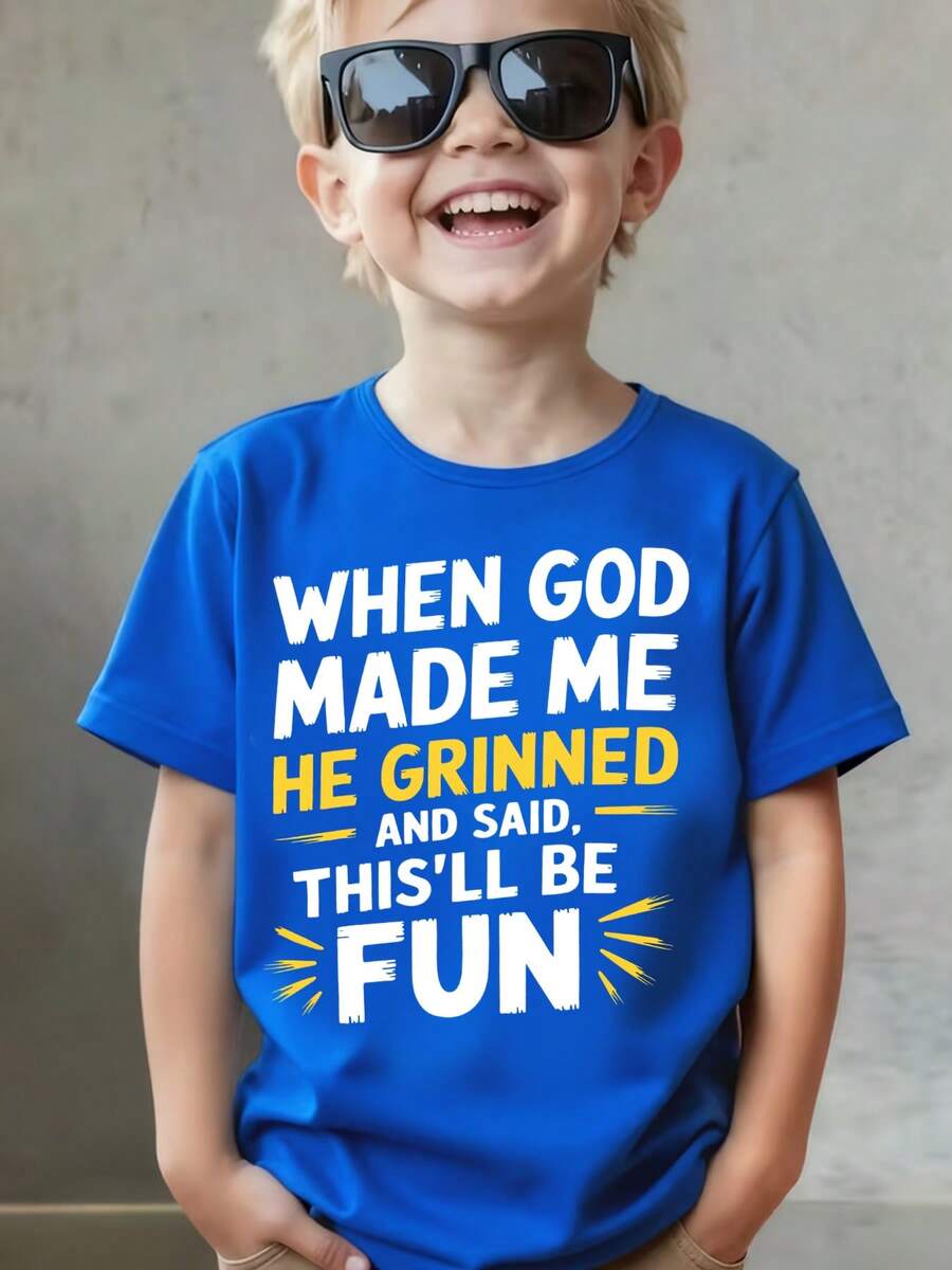 Ropa de Verano para Viajes y Ocio, Camiseta de Manga Corta de Moda Juvenil "Cuando Dios Me Creó, Sonrió y Dijo, 'Esto Será Divertido'" Regalo de Ropa, Camiseta de Manga Corta de Cuello Redondo para Niños, Ropa de Verano para Niños - Azul - Ver 1
