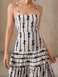 MEXChiquease Vestido de tirantes sin mangas con encaje y cordones en la parte delantera, con estampado de lazo jacquard para mujerMEX TIEJ - Blanco y Negro - Ver 8