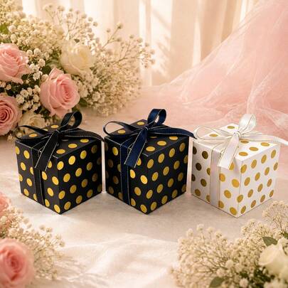 10 hộp quà chấm bi vàng kèm nơ ruy băng satin, 3 màu hộp đựng kẹo thích hợp cho đám cưới, tiệc cô dâu, tiệc sinh nhật.
