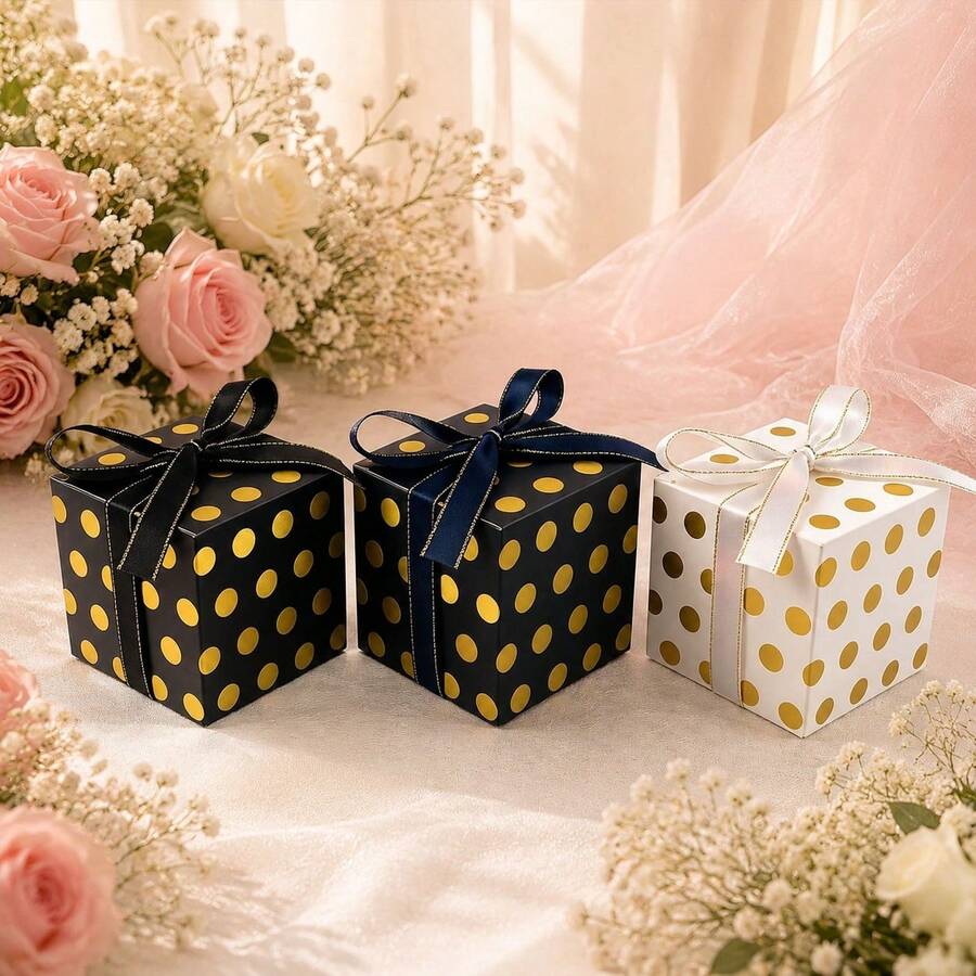10pcs Gold Polka Dot Gift Boxes With Satin Ribbon Bows, 3 Colors Candy Boxes Suitable For Weddings, Bridal Showers, Birthday Parties - Polka Dot Candy Box - View 1