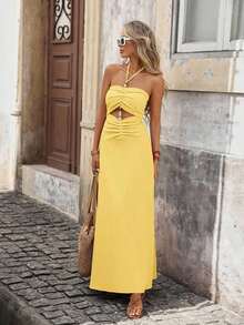 Eden Vestido estampado con estilo bohemio para mujer con corbata en el cuello, abertura en la cintura y decoración con cuentas, adecuado para vacaciones - Amarillo claro - Ver 2