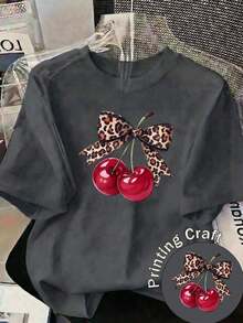Women's Blouses, Casual Blouses For Ladies, Women's T-Shirts, Casual Blouses For Ladies. New Short-Sleeved Round-Neck T-Shirt For Women, Spring-Summer Design, Perfectly Combines A Modern And Minimalist Leopard Print With A Cherry Print, Breathable And Sweat-Absorbing. Direct Shipping From Our Local Warehouse, Couples' Style, Ideal For Wearing As A Couple. FWAJ - 白色的 - 查看 10
