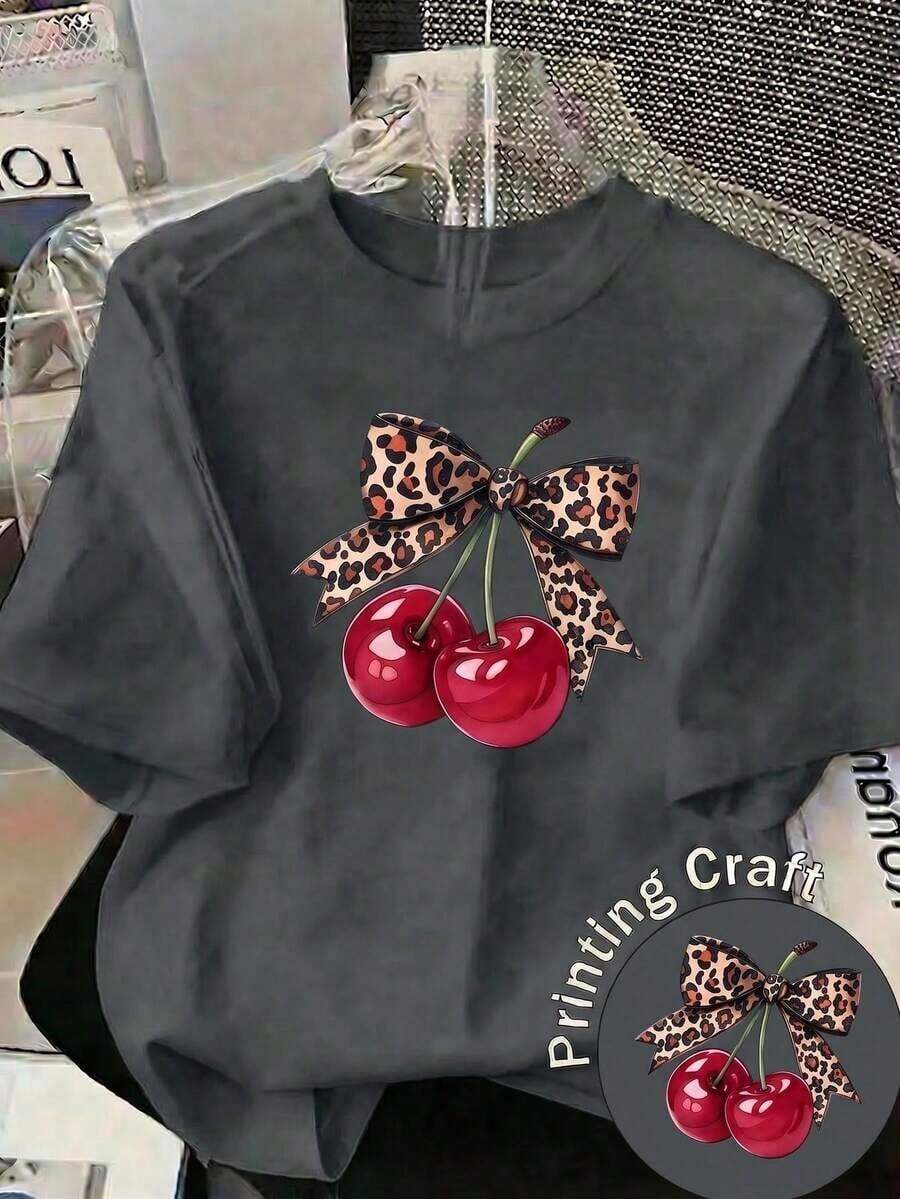 Women's Blouses, Casual Blouses For Ladies, Women's T-Shirts, Casual Blouses For Ladies. New Short-Sleeved Round-Neck T-Shirt For Women, Spring-Summer Design, Perfectly Combines A Modern And Minimalist Leopard Print With A Cherry Print, Breathable And Sweat-Absorbing. Direct Shipping From Our Local Warehouse, Couples' Style, Ideal For Wearing As A Couple. FWAJ - 深灰色 - 查看 1