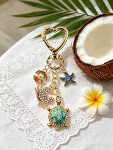 Gold Ocean Theme Keychain, Decorated With Turtle, Crab, Starfish And Pearl Charms, Heart-Shaped Lobster Clasp Bag Charm, Sparkling Rhinestone And Enamel Accents - Multicolor - View 3