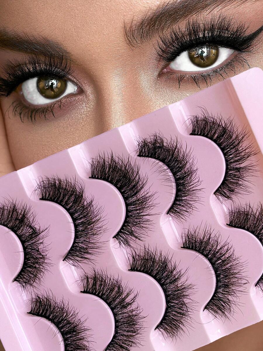 5 Pairs False Eyelashes Natural Look D Curl Fluffy Fake Eyelashes 3D Volume Strip Lashes Faux Mink Eyelashes Crossed Dramatic Long Fake Lashes Makeup Tools Individual Lashes Cluster Eyelashes