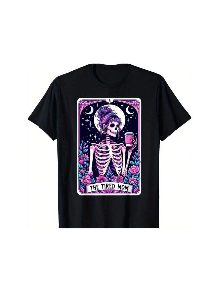 Tired Mom Tarot Skull Mother's Day Skull Coffee T-shirt, unisex, Mother's Day Gift, 100% Cotton, 180g Fabric Weight, Machine Washable, unisex T-shirt, Gift for Men Women Dad Mom Friends - Schwarz - Übersicht 1