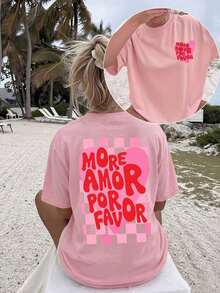 2026 Fashion ,1PC,Vintage More Amor Por Favor Checkered Heart Loose-Fit Women's-Shirt, Summer Beach Vacation Style Aesthetic Double-Sided Print Short- - 粉色 - 查看 6