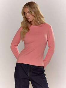 Top de cuello redondo de manga larga tejido, casual, para vacaciones, aeropuerto, días festivos, otoño, regreso a la escuela, elegante, primavera, verano - Rosa - Ver 5