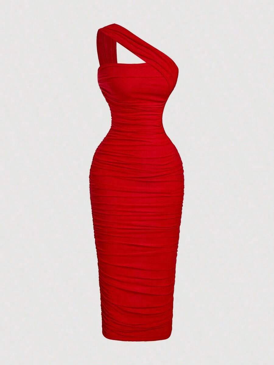 MOD Vestido sin mangas con pliegues asimétricos de estilo vintage para mujer - Rojo - Ver 1