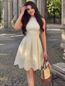 xheModelyn Vestido de línea A con cintura recogida, sin mangas, con elegante estampado floral en color albaricoque, adecuado para primavera y veranoxhe - Albaricoque - Ver 8