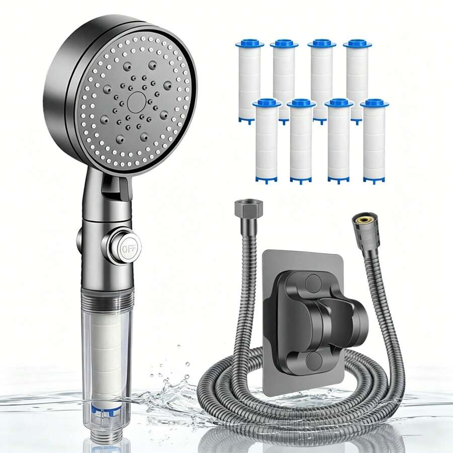 5-Mode Filtered Pet Shower Head With Stop Button - Universal Handheld Sprayer For Dog And Cat Bathing, Bathroom And RV Use, Complete Set Includes Wall Mount Bracket And Hose - Multicolor - View 1