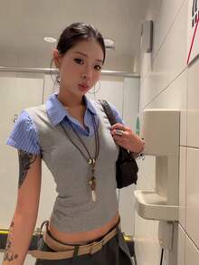 复古美式风格二合一拼接短袖上衣，修身休闲性感女式夏季上衣 - 淺灰色 - 查看 4