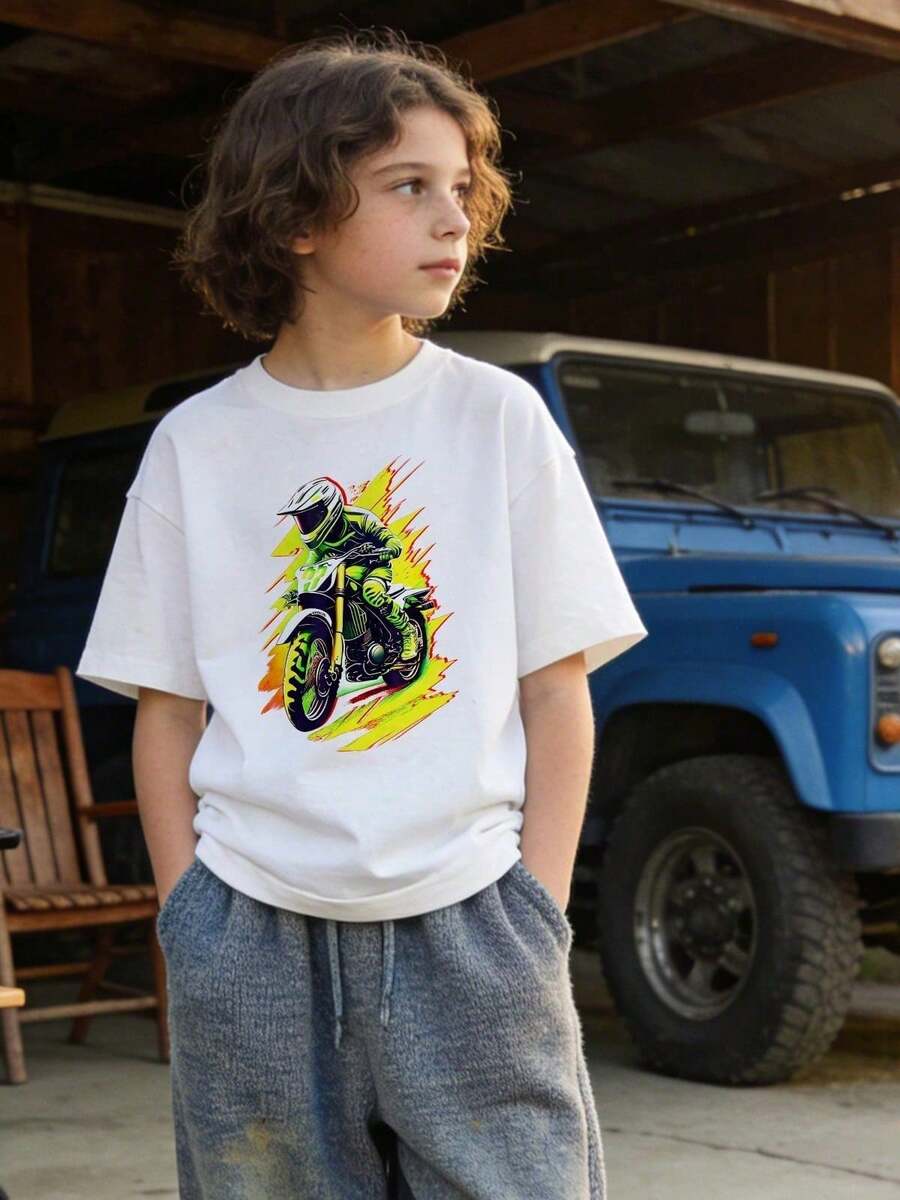 Soft And Casual Summer T-Shirt For Boys, Short-Sleeved And Crew Neck, With Off-Road Motorcycle Graphic Print; Ideal For Everyday Wear, Sports And Urban Style. White - 白色 - 查看 1