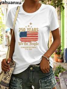 4th Of July Outfit WomenUSA 250th AnniversaryCommemorative Print Women's InspiredT-Shirt Short RoundNeckTopWhite LightweightY2K Short Sleeve Round Nec - 白色1 - 查看 4