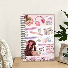 1 pieza Cuaderno A5, Cubierta de diario de espiral con ilustración de pegatinas rosas femeninas y lema motivacional, adecuado para volver a la escuela, toma de notas diaria - A5 - Ver 2