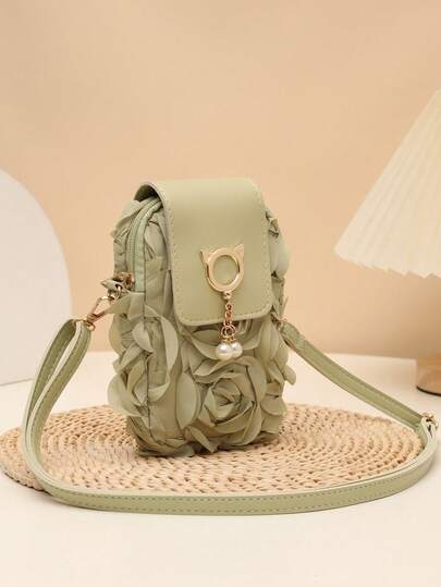 1 pieza Mini bolso cruzado con flores, Lindo mini bolso con rosa 3D verde, con herrajes con orejas de gato y borla de perlas, Bolso de hombro pequeño y versátil, Bolso cruzado mini con cierre de cremallera ligero y compacto para mujer y niña, Bolso mini estético y dulce para uso diario, casual, citas, fiestas, viajes y playa