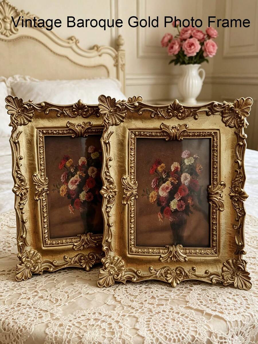 1pc Vintage Gold Square Photo Frame Decor, Includes 1 Paper Insert, Suitable For Home Decoration, Photo Display, Gift For Birthday, Graduation - Multiple Styles - View 1