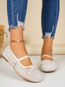 Women's Fashionable Elegant Mesh Bow Decor Adjustable Slip-On Square Toe Flat Mary Jane Shoes, Beige - Beige - View 7