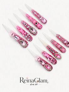 10 Pcs Handmade Long Pink Rhinestone Press On Nails, 3D Bunny, Bow, Full Rhinestone Inlay, Sweet And Gorgeous Atmosphere Summer - Hồng - Xem 1
