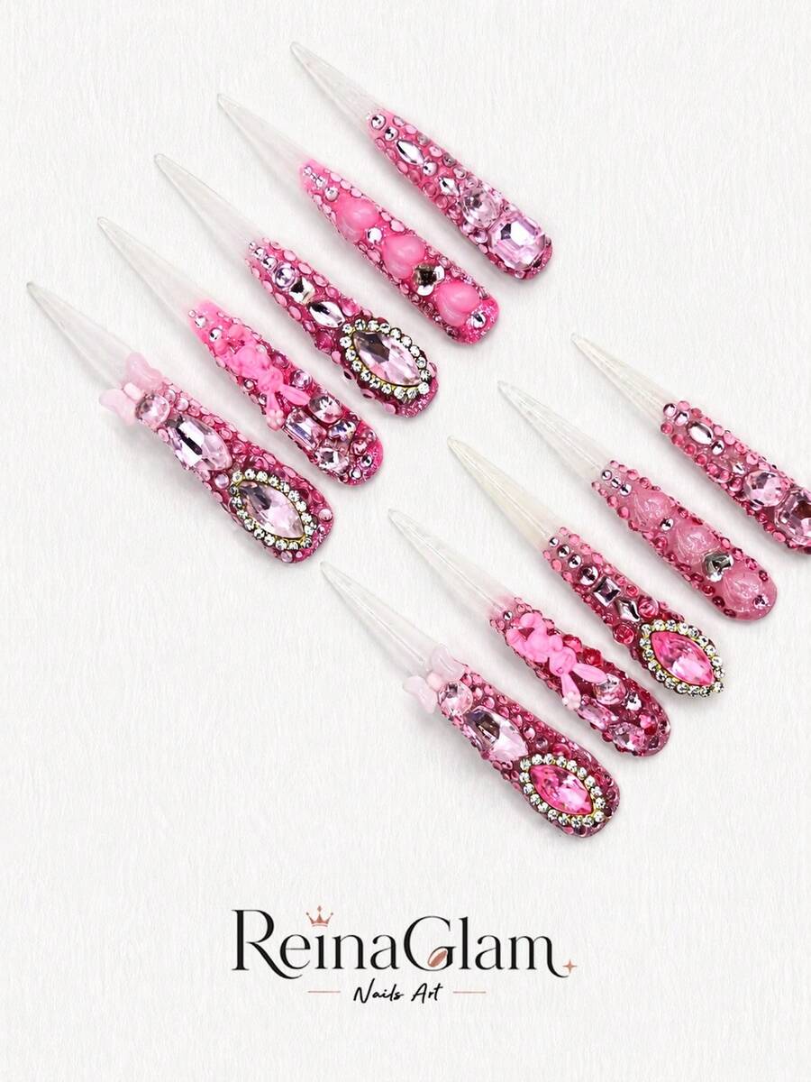 10 Pcs Handmade Long Pink Rhinestone Press On Nails, 3D Bunny, Bow, Full Rhinestone Inlay, Sweet And Gorgeous Atmosphere Summer - Hồng - Xem 1