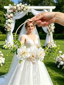 Boho Bridal Hoop Bouquet With Lace Tassel, Artificial Rose & Eucalyptus Handheld Flower Wreath For Wedding, Bridesmaid, Photo Prop - Multicolor - View 13