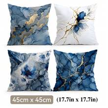 4pcs Blue Marble Floral Pattern Cushion Cover Set, Single-Sided Printed Throw Pillow Covers For Living Room Sofa Bedroom, 40x40cm/45x45cm/50x50cm, Pillow Insert Not Included - Multicolor - View 13