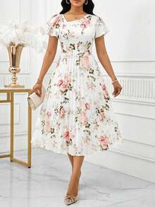 xheSHEIN Lady Vestido midi elegante con estampado floral, mangas asimétricas con volantes para mujerxhe - Multicolor - Ver 1