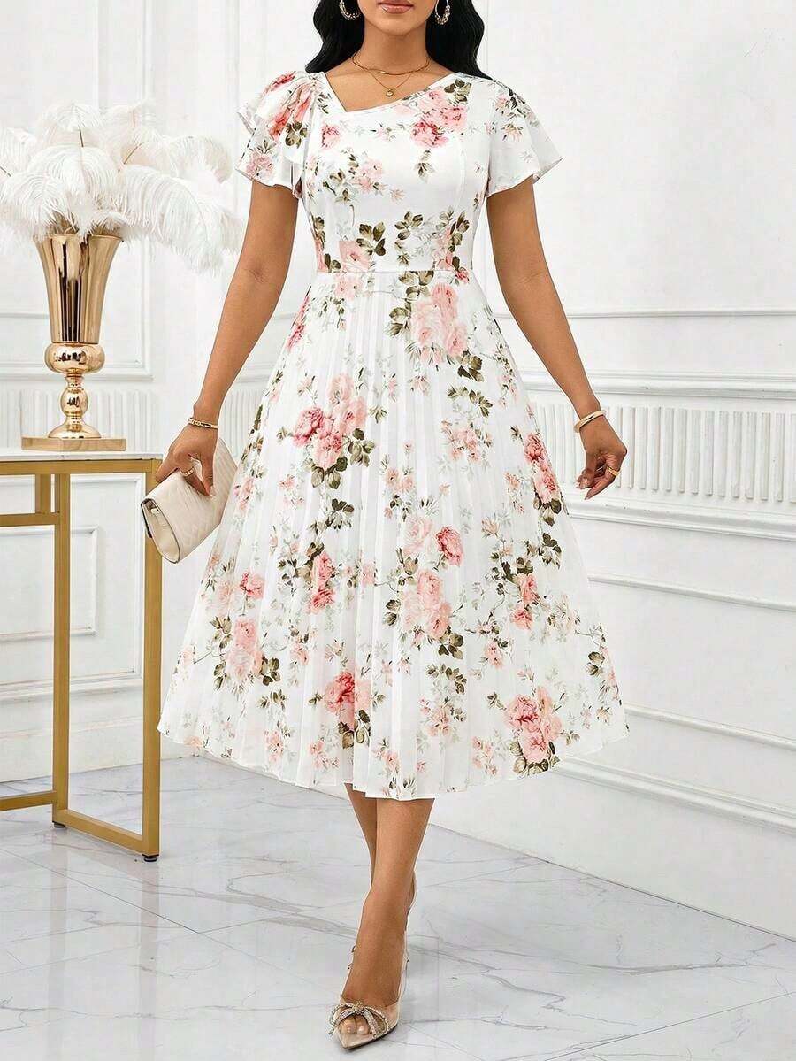 xheSHEIN Lady Vestido midi elegante con estampado floral, mangas asimétricas con volantes para mujerxhe - Multicolor - Ver 1