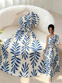 MEXElenzga Vestido ajustado con mangas abullonadas, cintura con lazo y estampado floral elegante para mujer, azul y blanco, primavera/veranoMEX V8GC - Azul - Ver 1