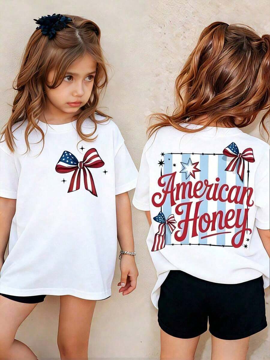 American Honey Kids' Short Sleeve T-Shirt With 4th Of July Cartoon Print, 180g, Soft, Comfortable And Breathable, Suitable For All Seasons, Perfect For Boys And Girls For Everyday Wear, School And Casual Sportswear. An Ideal Crew Neck T-Shirt For Holiday Parties, Gatherings, Outdoor Activities And Travel. - 白色 - 查看 1