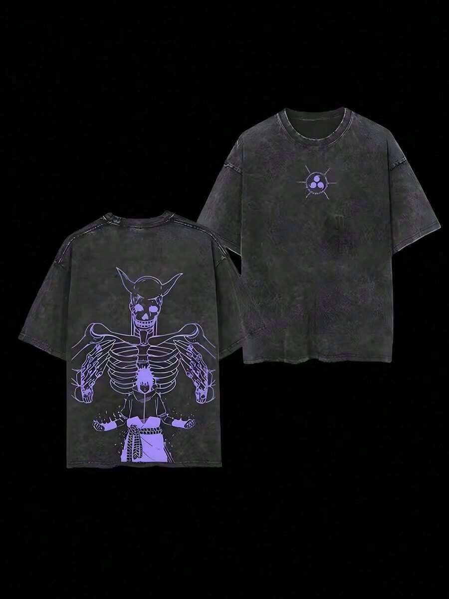 Camiseta Retro de Algodón Grueso Lavado, Estampado Doble de Anime, Estilo Vintage, Talla Grande, Unisex, con Diseño de  X Susano, Regalo para Fanáticos del Anime y Amantes del Anime. 8DST - Negro - Ver 1