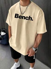 大尺碼男士 "Bench." 印花圓領短袖T恤與抽繩腰短褲休閒兩件套 - 卡其色 - 查看 1